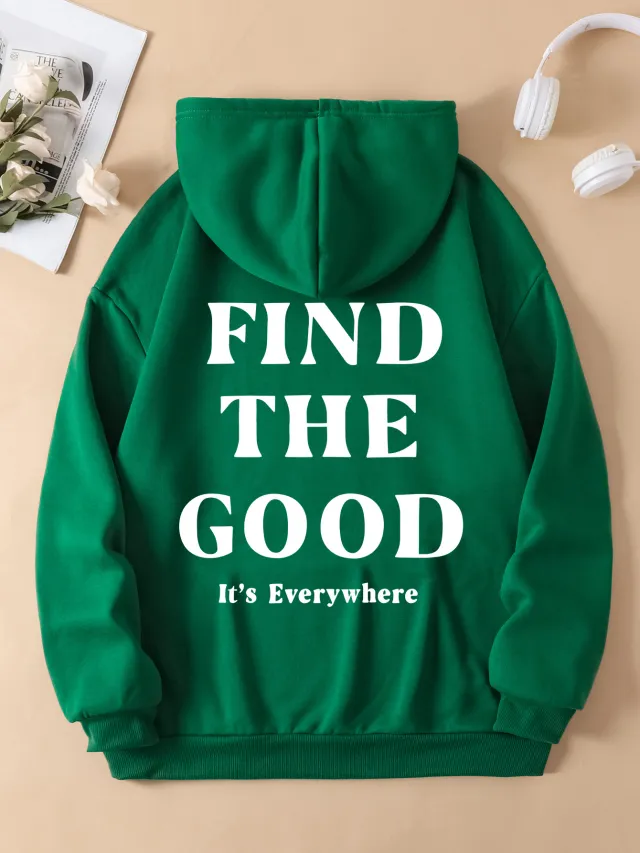 Brushed Hoody Plain Letter Printed Hoodie Green - Shop at LoveMi