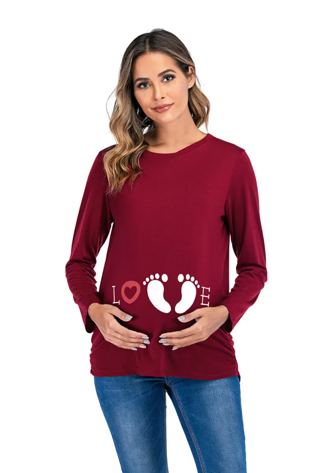 Cotton Pullover Round Neck Loose Maternity T shirt Top Wine Red - Shop at LoveMi