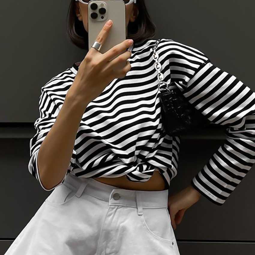 Women's Fashion Loose Casual Striped Long sleeved T shirt Stripes L - Shop at LoveMi