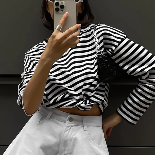 Women's Fashion Loose Casual Striped Long sleeved T shirt Stripes L - Shop at LoveMi