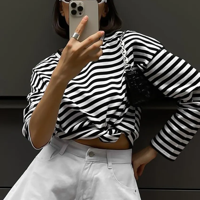 Women's Fashion Loose Casual Striped Long-sleeved T-shirt - Stripes-L
