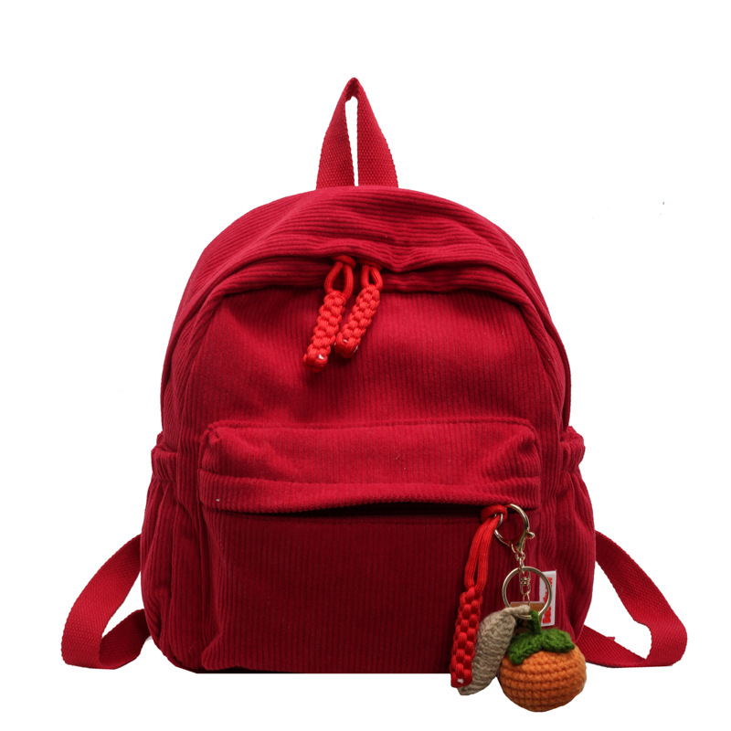 Fashionable Corduroy Student Backpack Compact Travel Daypack Red Without Pendant