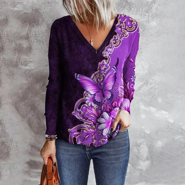 Women's Flower Butterfly Printed V neck Long Sleeve Loose T shirt Purple - Shop at LoveMi