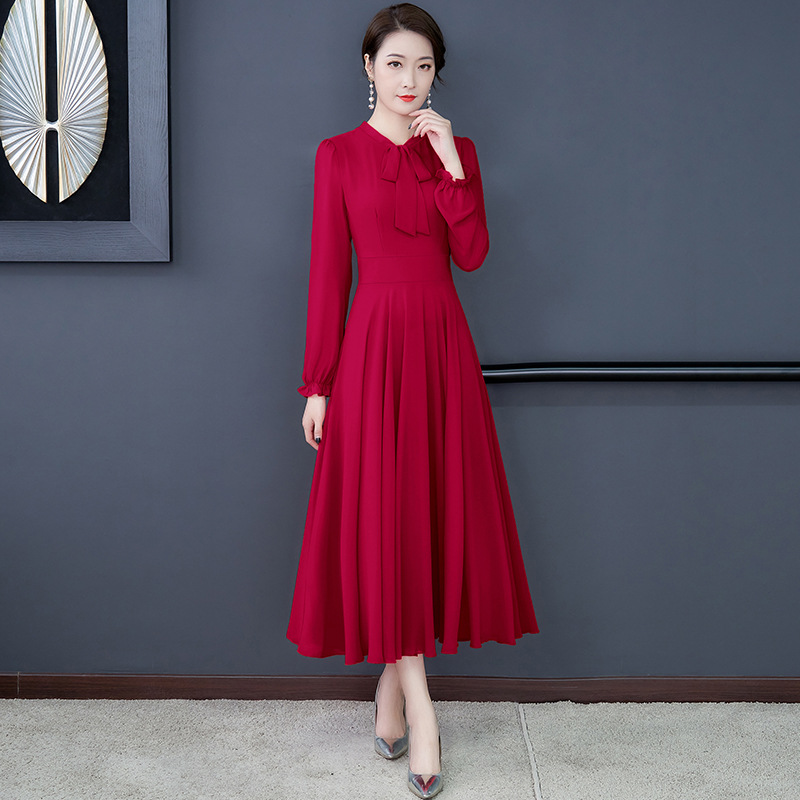 Elegant Women's Long Sleeve Tie-neck Slim Fit Slimming Dress