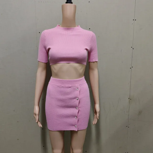 Women's Knitted Midriff baring Knitted Sweater Top Split Button Skirt Glittering Powder M - Shop at LoveMi