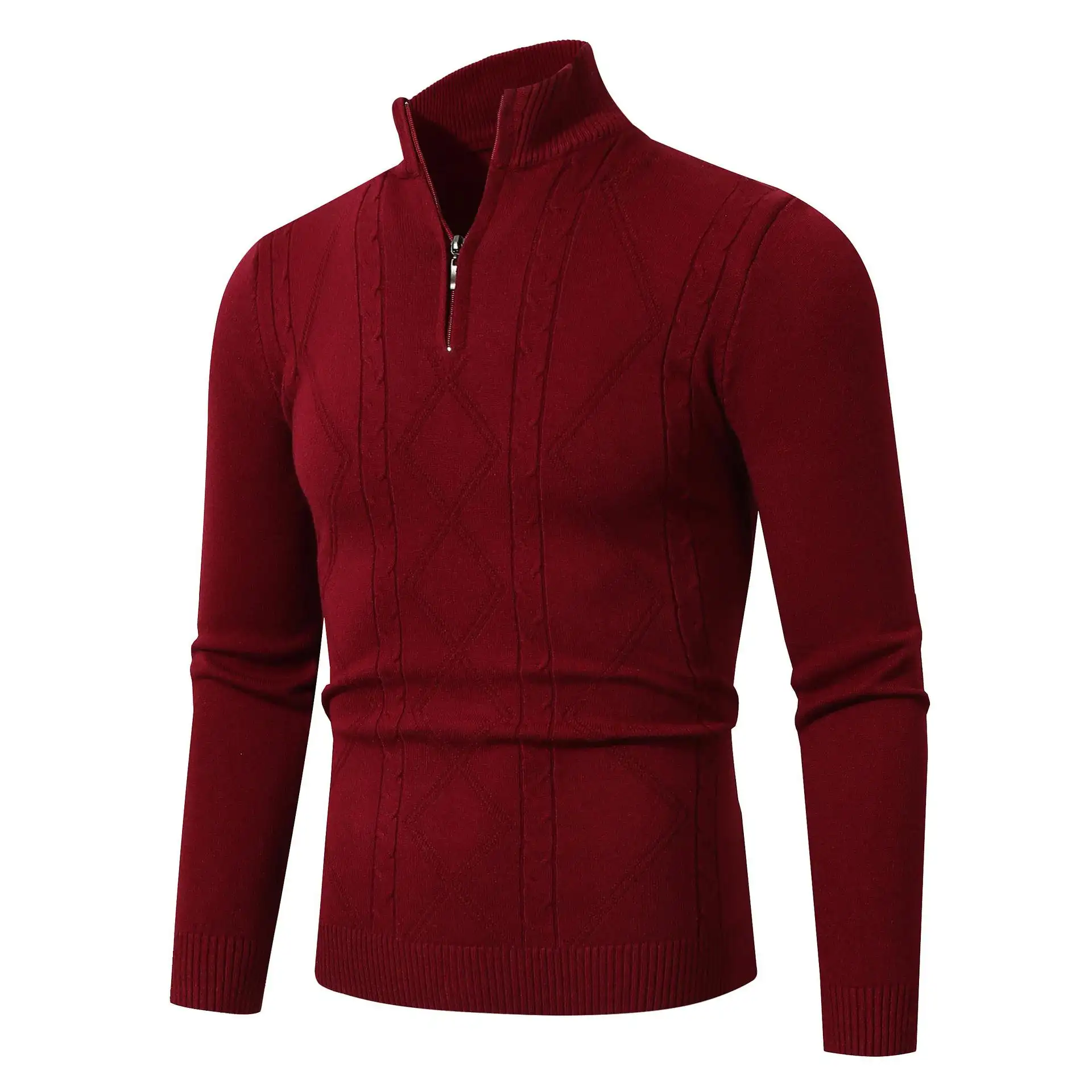 Fashion Rhombus Sweater Men's Casual Stand Collar Long Sleeve Half Zipper Sweater