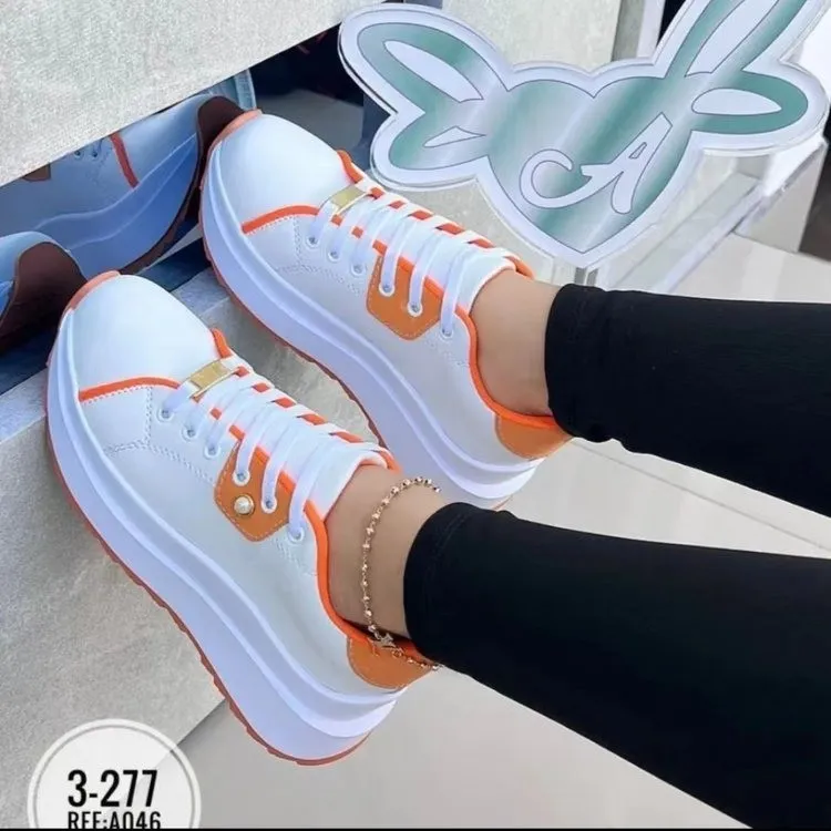 Women's Platform Shoes Lace-up White Shoes - Orange