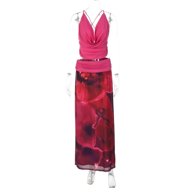 Backless Slim Fit Printed Polyester Women's Maxi Dress Rose Red - Shop at LoveMi
