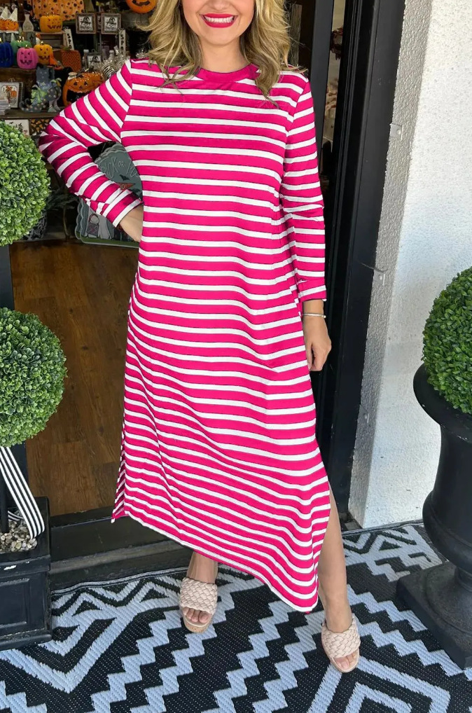 Women's Fashion Striped Slit Round Neck Dress Knitted And Emerized Dress Rose Red - Shop at LoveMi