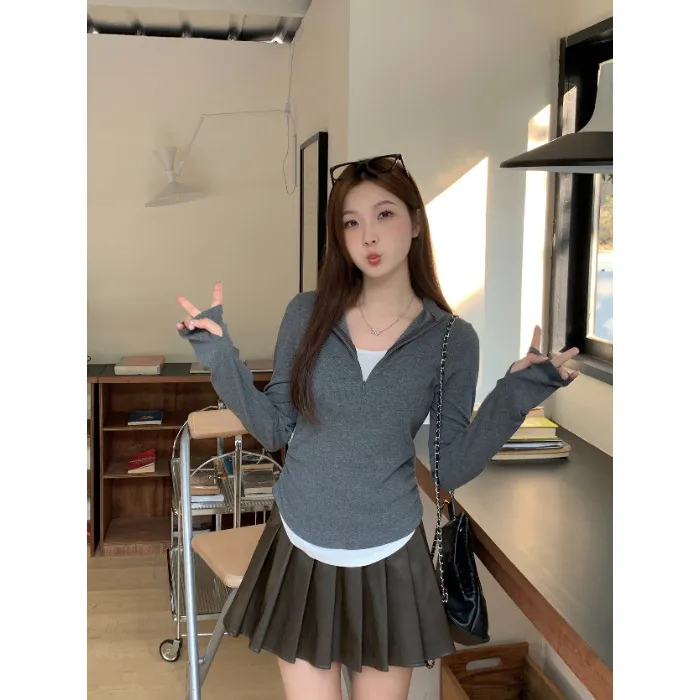 Women's Creative Leisure Stand-up Collar Long Sleeve T-shirt - Tan