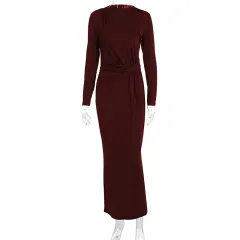 Long Sleeve Fitted Waist Pleated Slim-fit Long Dress - Wine Red - View 1