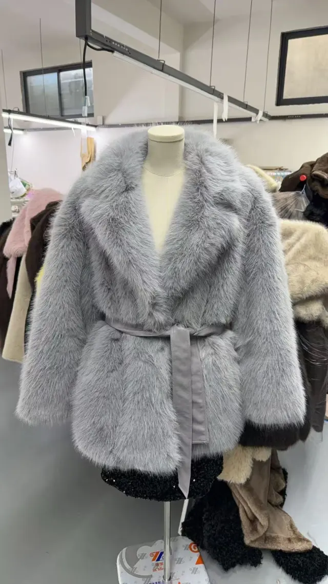 With Belt Artificial Wool Coat Mid length Gray - Shop at LoveMi