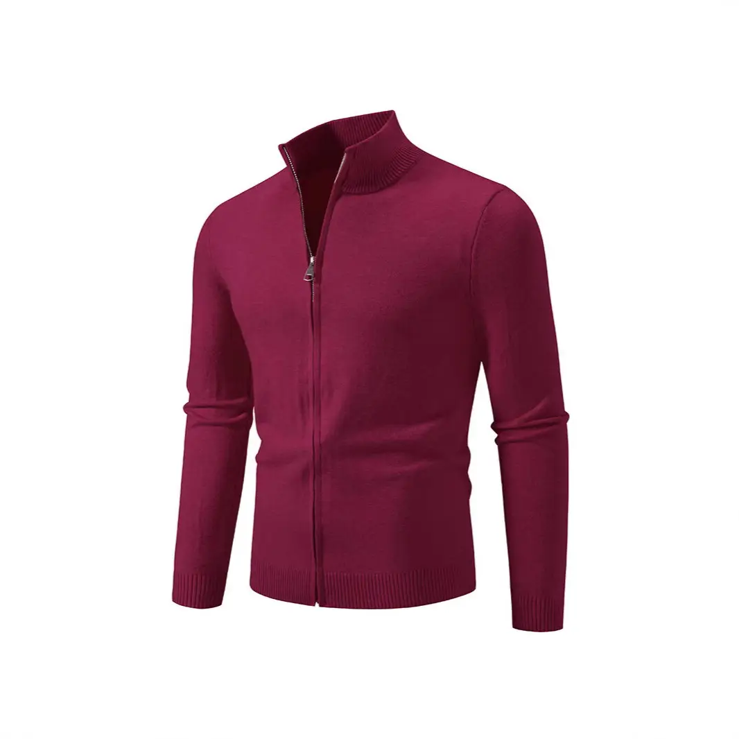 Stand Collar Simple Zipper Solid Color Cardigan Sweater