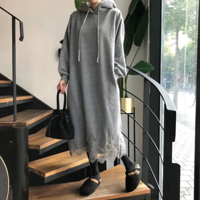 Lace Trim Plus Size Long Hoodie Dress Gray - Shop at LoveMi