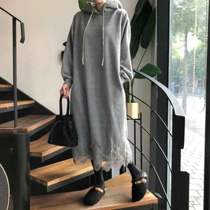 Lace Trim Plus Size Long Hoodie Dress - Gray