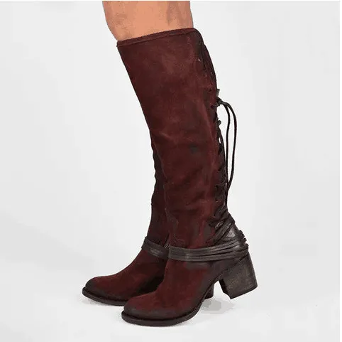 Chunky Heel High Heel Back Bandage Tall Knight Boots Women Red - Shop at LoveMi