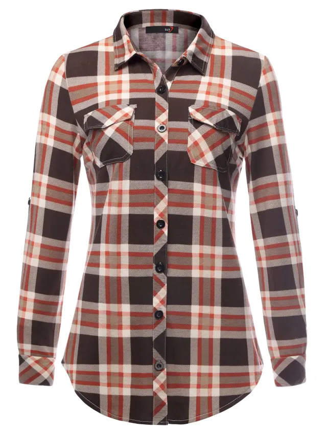 Plaid Pouch Button Cuff Comfort And Casual Printed Women's Shirt Coffee - Shop at LoveMi