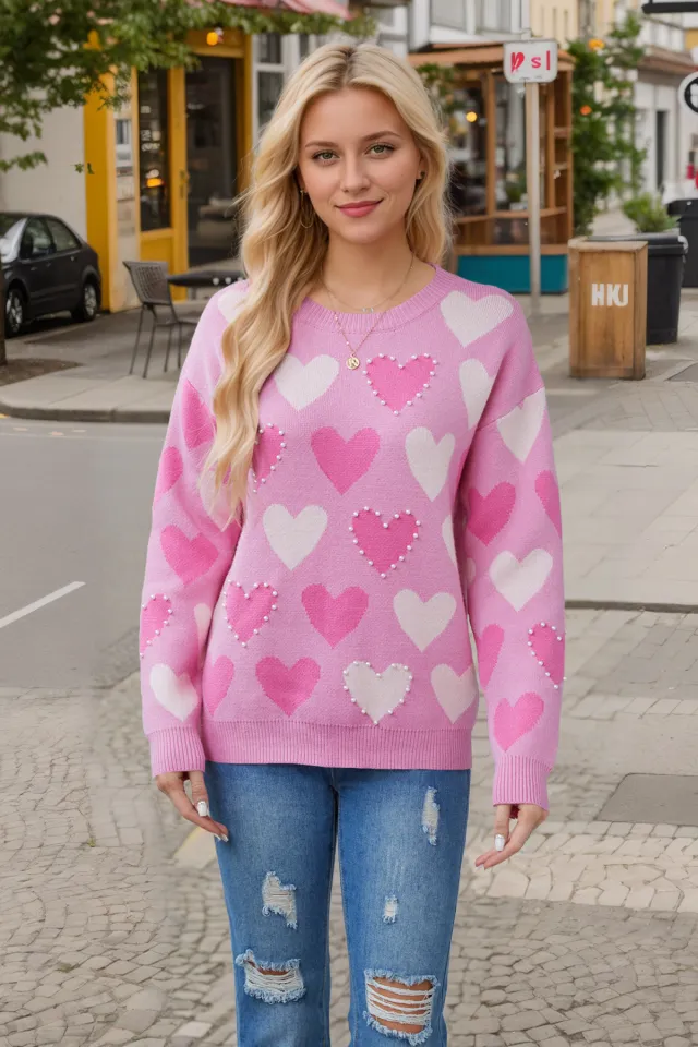 Valentine's Day Round Neck Handmade Beaded Heart Peach Sweater Rose Red - Shop at LoveMi