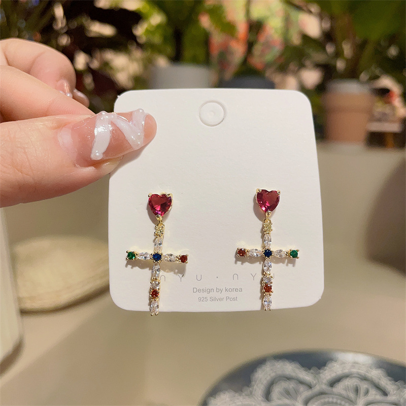Simple Temperamental Exquisite Light Luxury Micro Inlaid Zircon Color Cross Stud Earrings