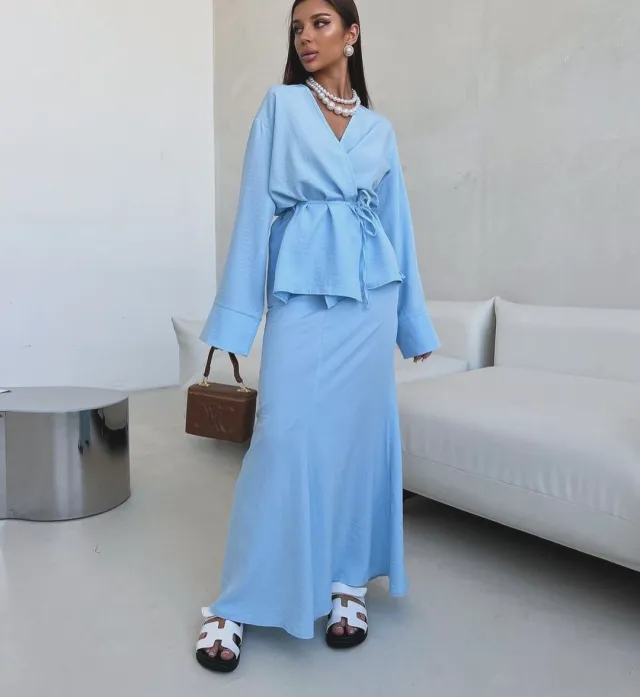 Autumn And Winter Lacing Waist controlled Top Long Dress Blue - Shop at LoveMi