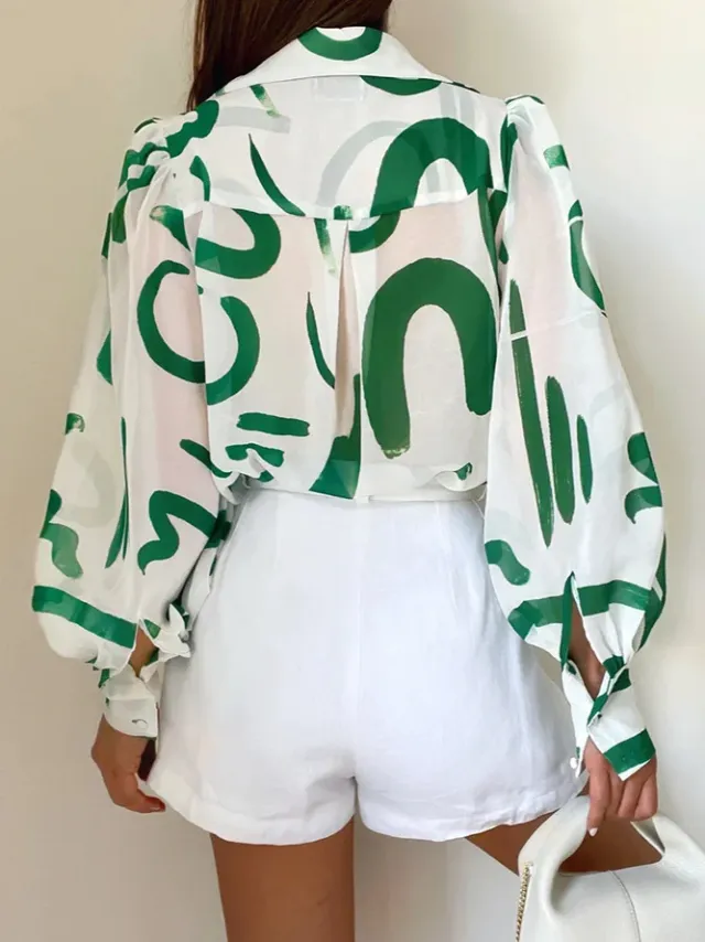 Summer Printed Lantern Sleeve Fashion Shirt Green Lines - Shop at LoveMi