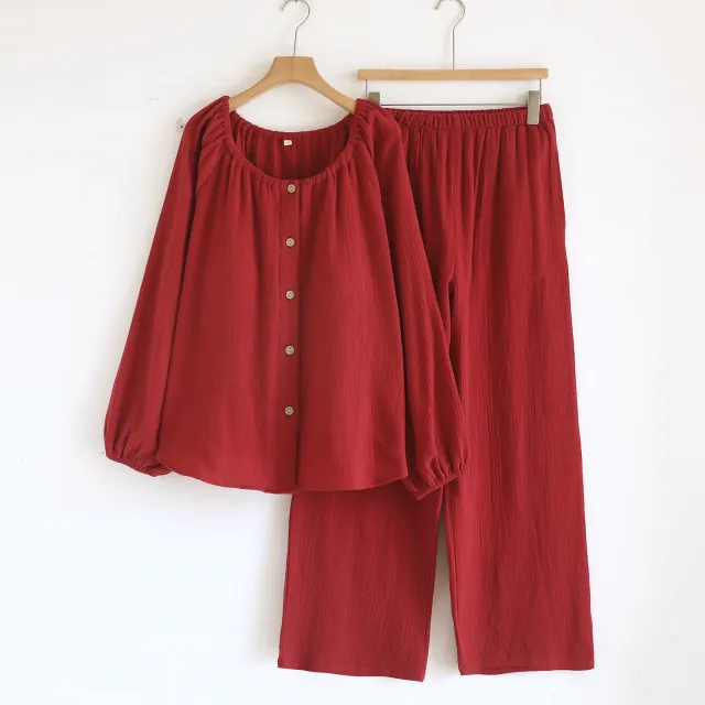 Women's Loose Long sleeve Long Pants Casual Comfortable Simple Pajama Set Red - Shop at LoveMi