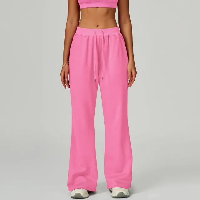 Drawstring Pocket Straight Casual Trousers Versatile Sports Pants Women Rose Pink - Shop at LoveMi