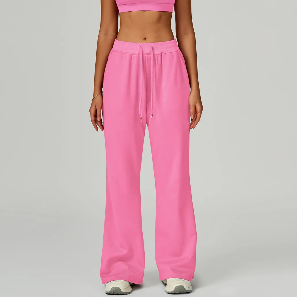 Drawstring Pocket Straight Casual Trousers Versatile Sports Pants Women - Rose Pink