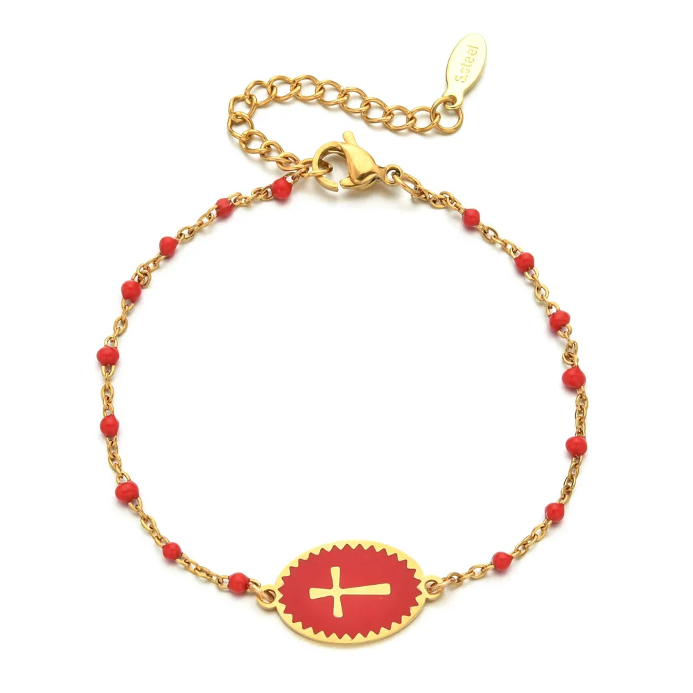 Stainless Steel Cross Shelf Bracelet - Red