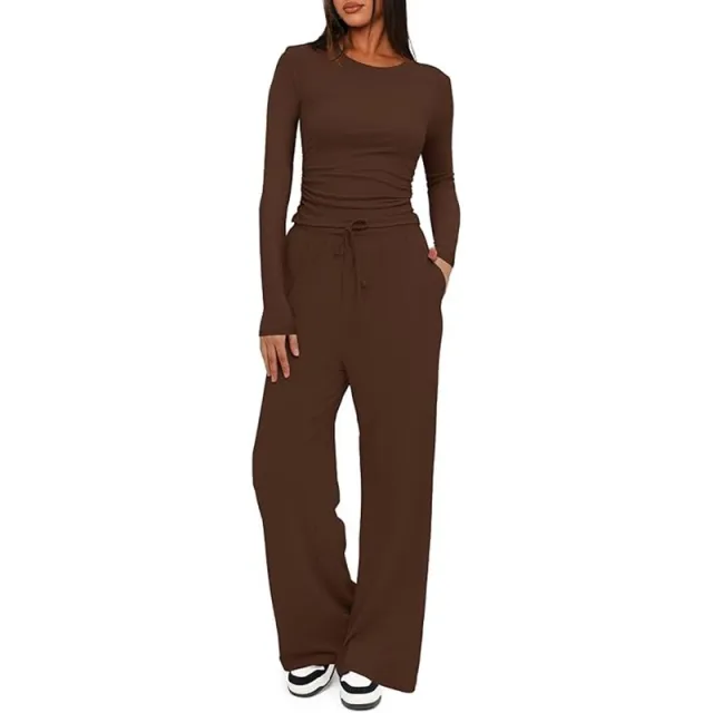 Women's Suit Autumn Winte Long Sleeve Tops High Waisted Wide Leg Pants Sportswear Female Clothes Solid Color Casual Suit Dark Coffee Color - Shop at LoveMi