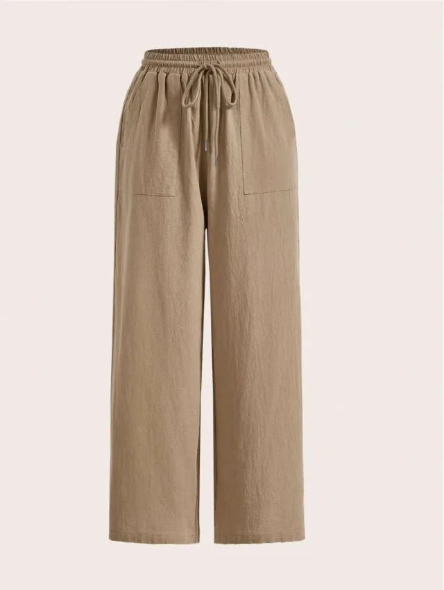 Women's Casual Solid Color Drawstring Straight Pocket Casual Pants Camel - Shop at LoveMi