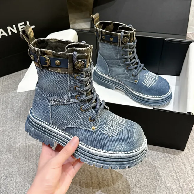 Platform Martin Boots Women's British Style Ankle Boots Retro Distressed Western Cowboy Boot Blue - Shop at LoveMi