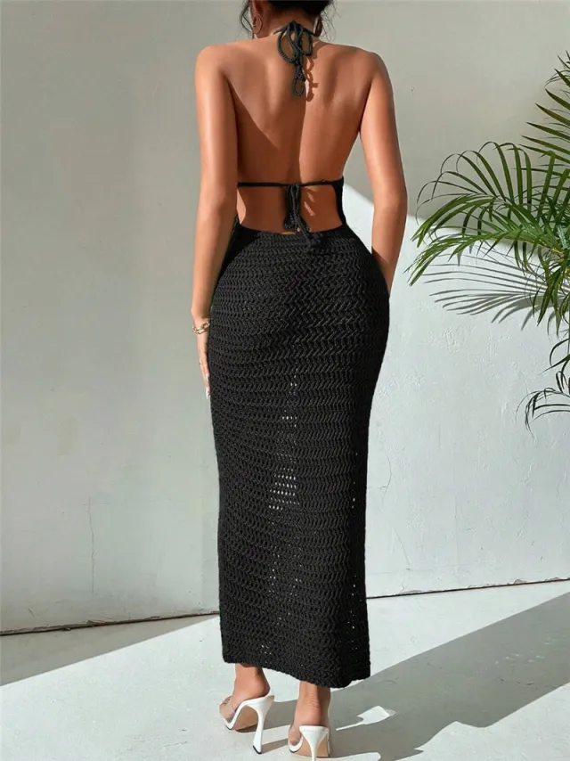 Slim Fit Backless Lace up Backless Knitted Dress Sweater Black - Shop at LoveMi