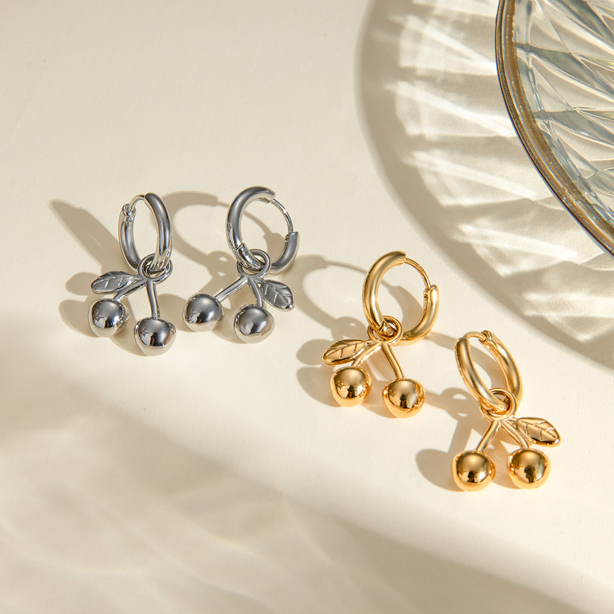 All-Match 18K Gold Stainless Steel Cherry Pendant Earrings