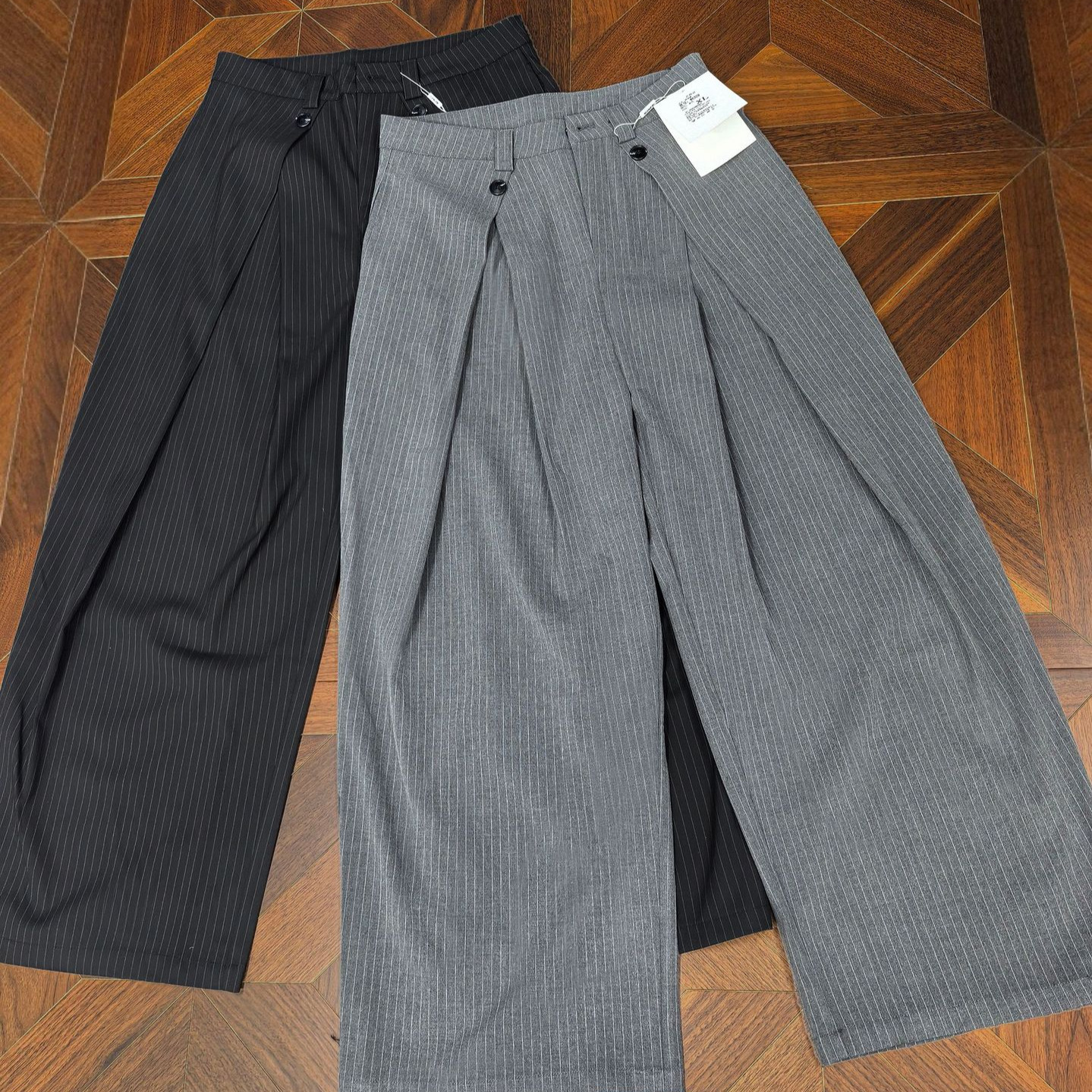 American-style Vintage Striped Pleated A-line Suit Pants