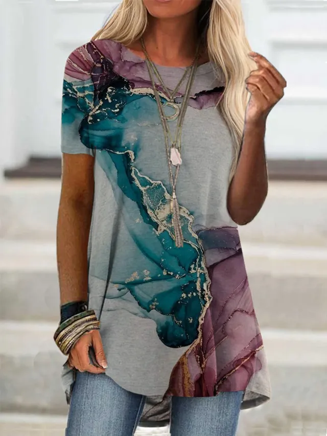Fashion Loose Trendy Short Sleeve Printed T shirt Green And Red Gradient - Shop at LoveMi
