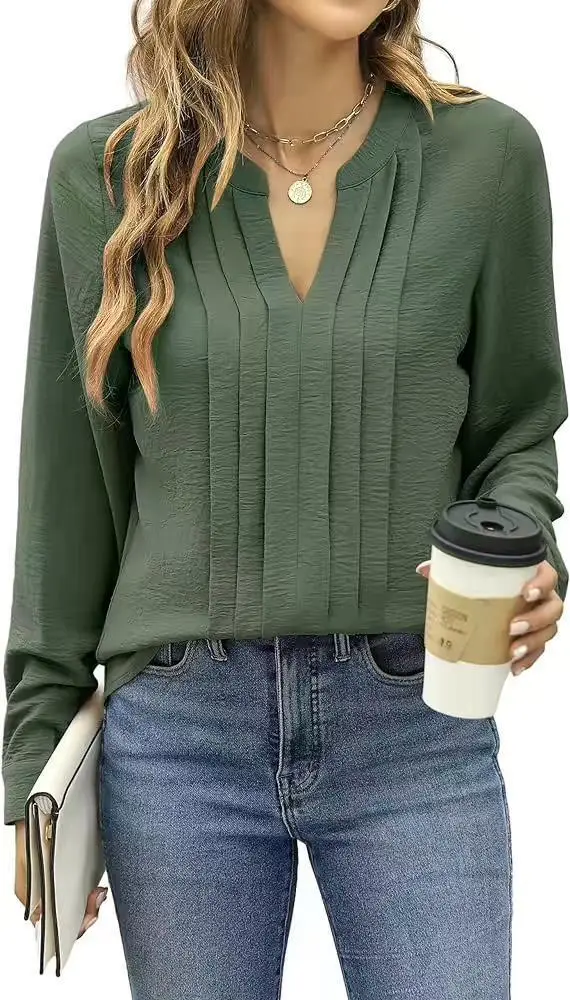 Temperament Commute Long Sleeve Solid Color Sweet Top Women's V neck Design Green - Shop at LoveMi