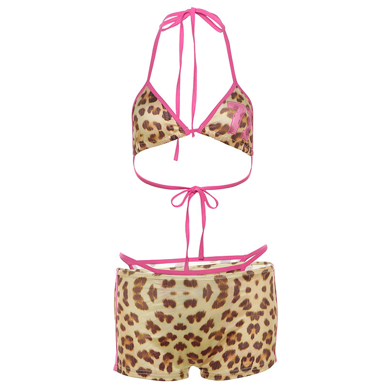 Women's Contrast Color Suspenders Leopard Print Bikini High Waist Hip Shorts Suit Leopard Print - Shop at LoveMi