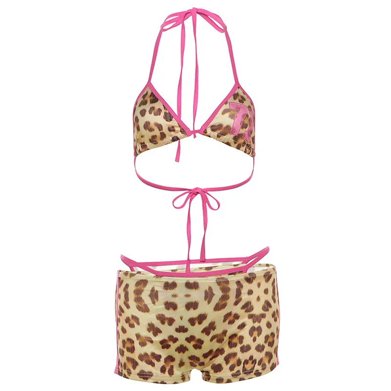 Women's Contrast Color Suspenders Leopard Print Bikini High Waist Hip Shorts Suit - Leopard