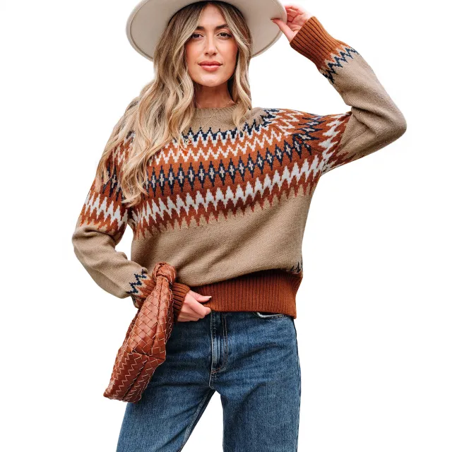 Women's Striped Contrast Color Pullover Vintage Long sleeved Sweater Color L - Shop at LoveMi