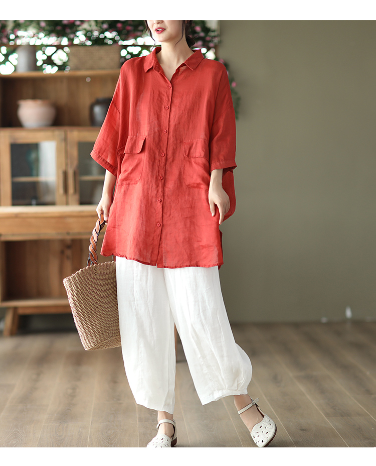 Retro Ramie Shirt Mid-length Elegant Top