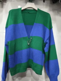 European And American Style Contrast Colour Striped Cardigan Women's Loose Long Sleeve Sweater Coat - Blue - View 1