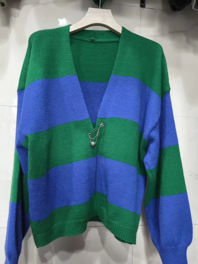 European And American Style Contrast Color Striped Cardigan Women's Loose Long Sleeve Sweater Coat Blue - Shop at LoveMi