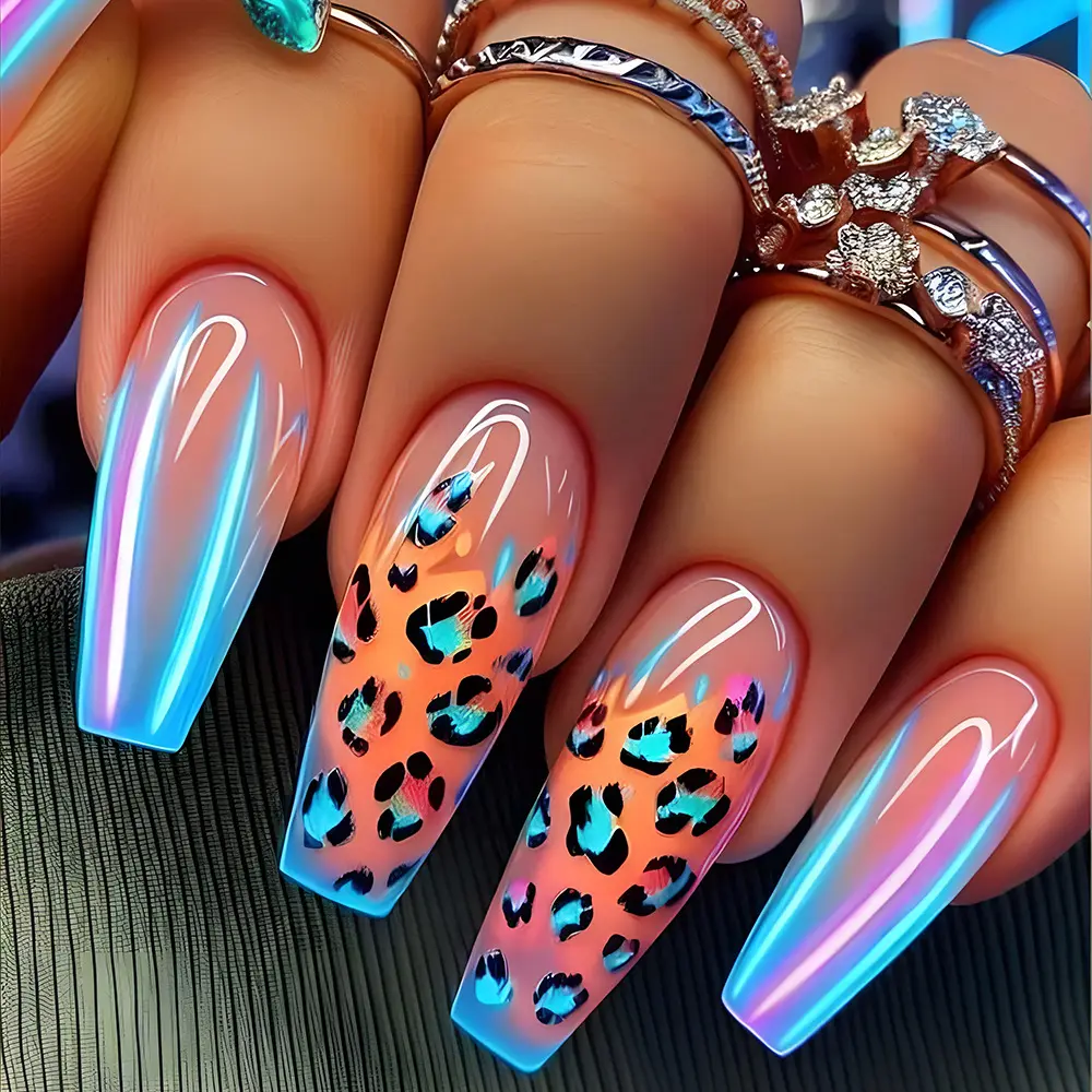 Blue Edge French Gradient Contrast Leopard Print
