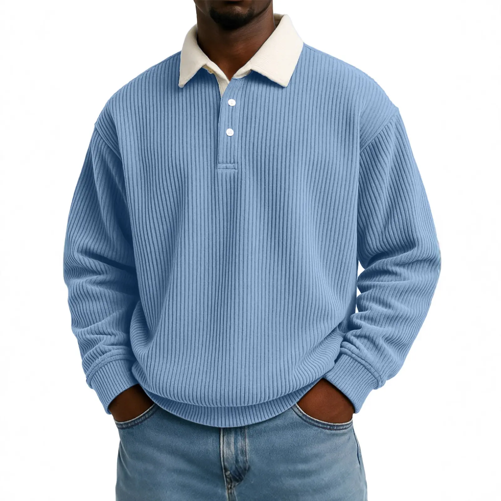 Mens Retro Color-block Corduroy Striped Casual Long-sleeve