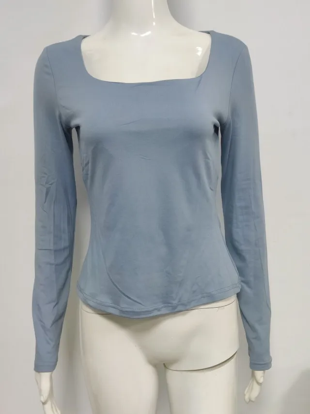 Solid Color Double Layer Square Collar Slimming Sexy Long Sleeve Women's T shirt Sea Blue - Shop at LoveMi