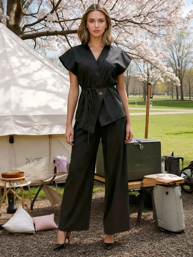 Womens Casual Vest And Pants Set With Ties Solid Color Black - Shop at LoveMi
