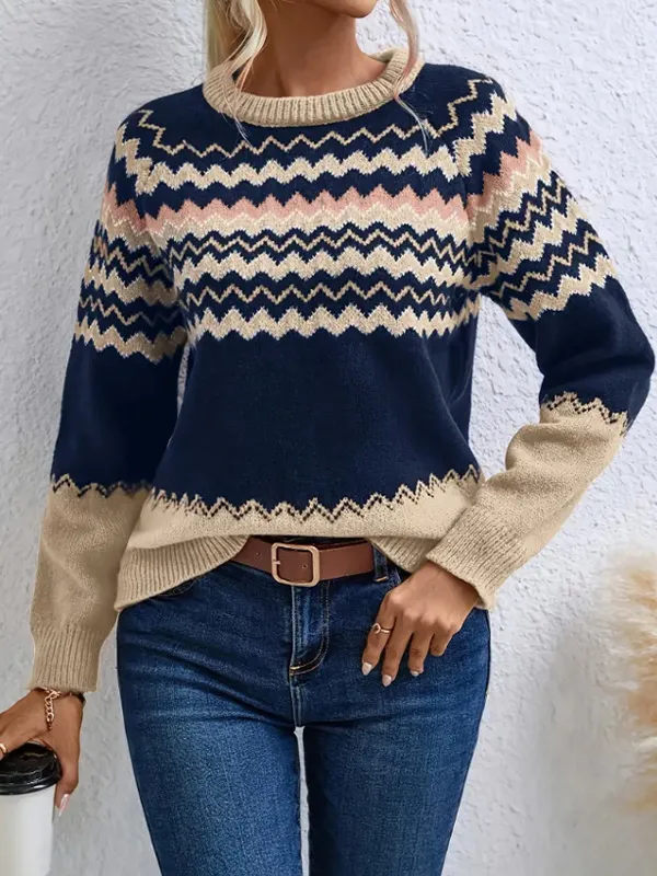 European And American Women's Clothing Sweater Fashion Round Neck Knitted Top Classic Striped Color Matching Dark Blue - Shop at LoveMi