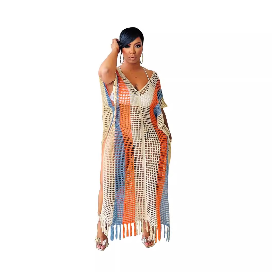 European And American Striped Tassel Knitted Beach Dress Orange - Shop at LoveMi