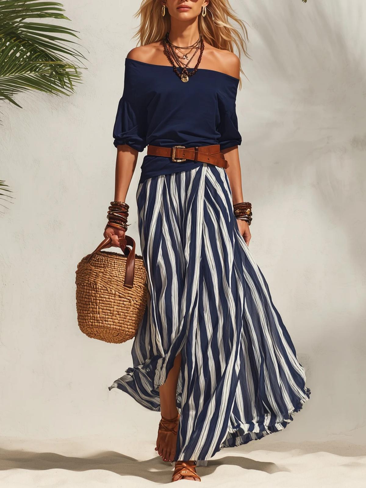 Women's Off-Shoulder Top and Slit Maxi Skirt Set – front view